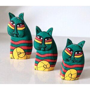 VTG Lot Of 3 Cat Figurines Wood Hand Made Hand Painted Laurel Burch Style Small